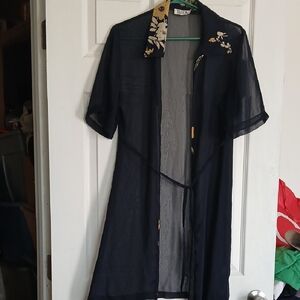 Eliza Sheer Navy Kimono Cover-Up with Floral Trim